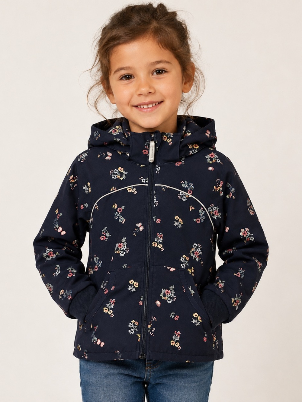 H&M Girls Navy Floral Softshell Hooded Jacket 5–6Y